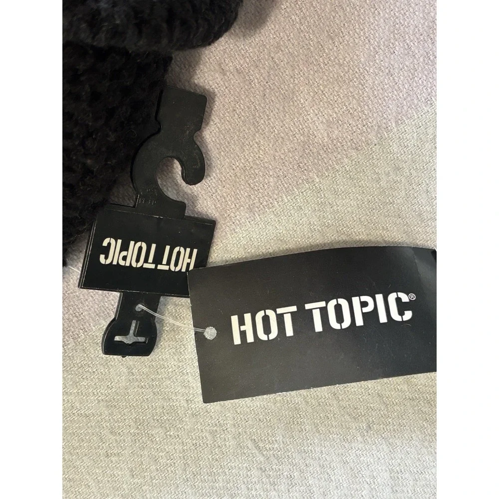 Hot Topic Black Crochet Lamb Sherpa Bonnet NWT Ears Drawstring Tie OS